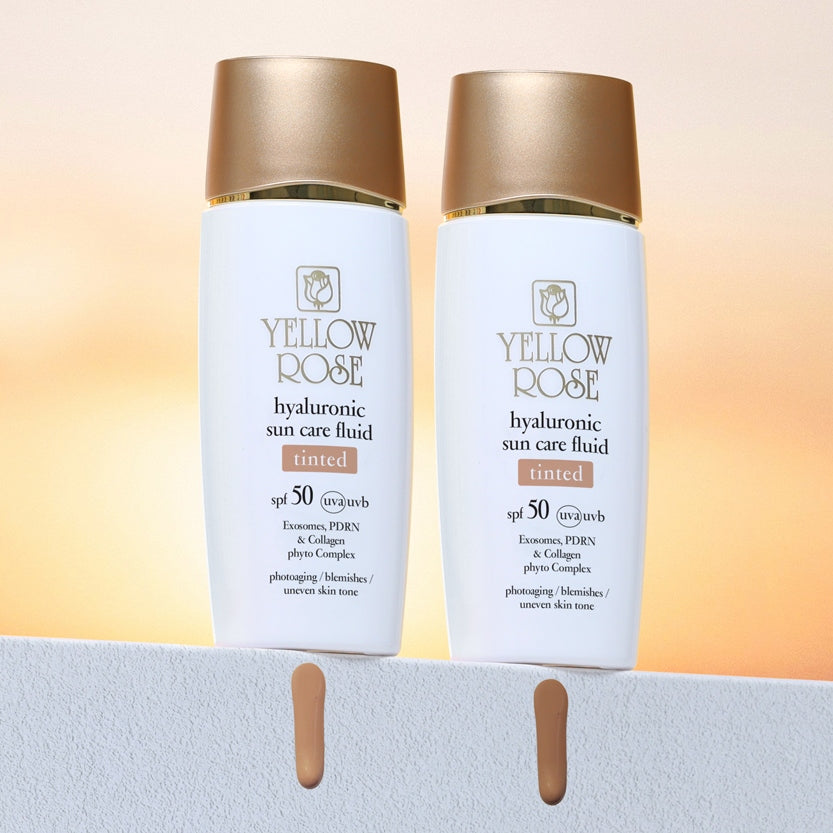 Yellow Rose Hyaluronic Suncare Fluid SPF50 Tinted i Light och Medium med färgprover