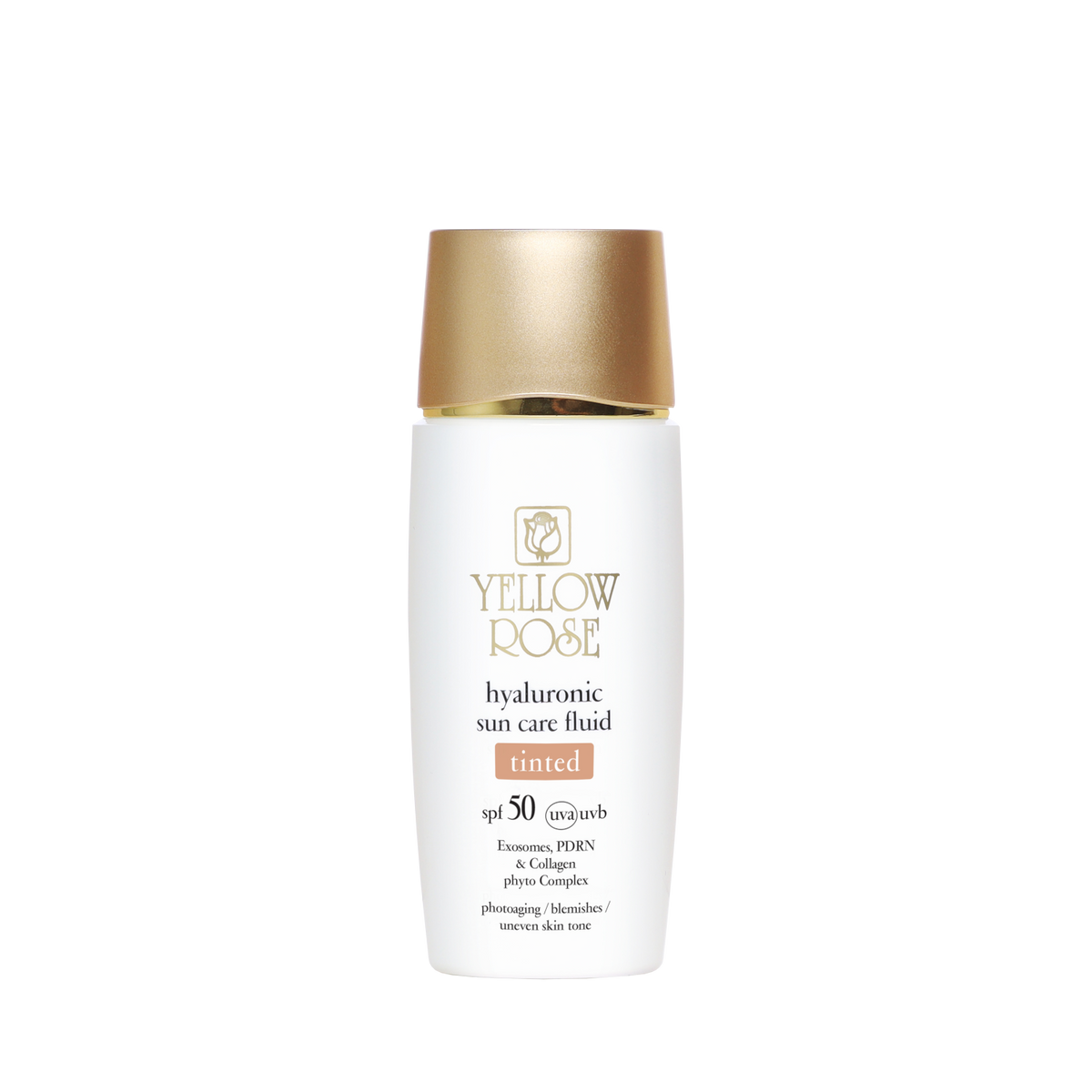 Yellow Rose Hyaluronic Suncare Fluid SPF50 Tinted Medium med färgprov på varmbeige bakgrund